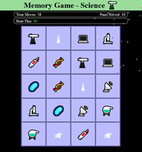 Memory Game by WebPaws played 54 times to date.  Fun Memory Game with 20 boxes to match various icons together.  6 different icon sets to test your memory.  Made by WebPaws!